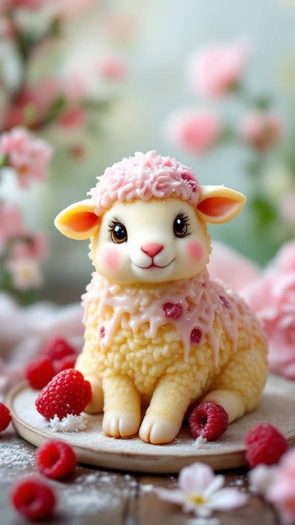 A raspberry lemonade lamb cake with a pink glaze on a white cake stand, surrounded by raspberries, a lemon half, and pink flowers.