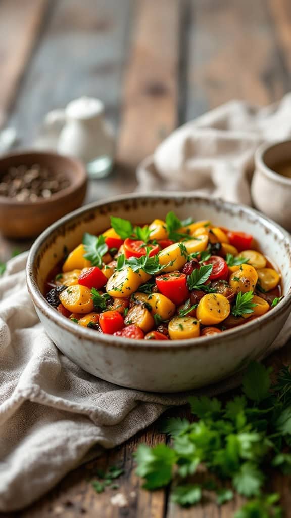 A bowl of ratatouille filled with vibrant summer vegetables and garnished with fresh herbs.