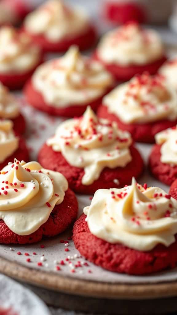 Close-up of red velvet cookies with cream cheese frosting and sprinkles.