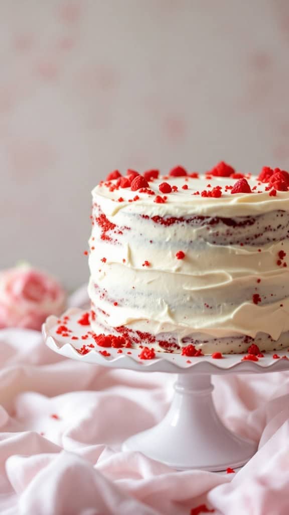A beautiful Red Velvet Cream Cheese Cake topped with raspberries and red sprinkles.