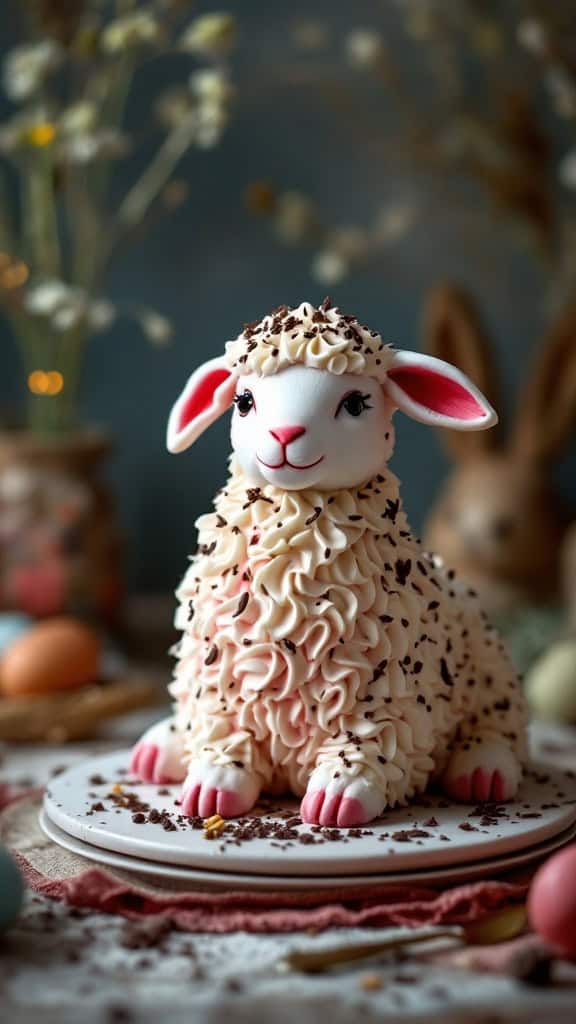 A red velvet lamb cake with white frosting and chocolate shavings, surrounded by pink flowers and Easter eggs.