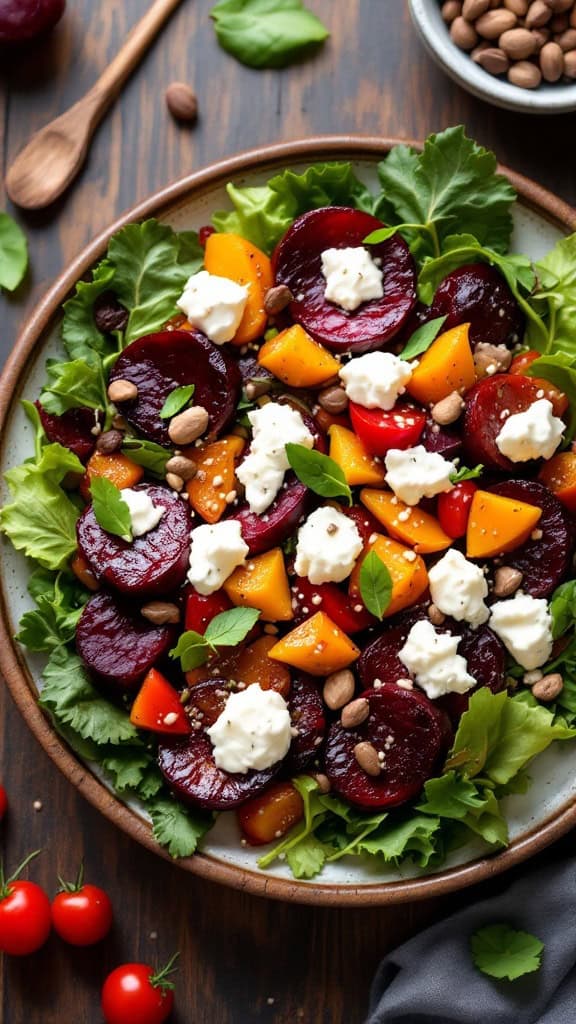 A colorful roasted beet and goat cheese salad with greens, nuts, and fresh vegetables.