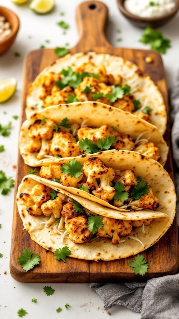 Roasted garlic cauliflower tacos on a wooden board with cilantro