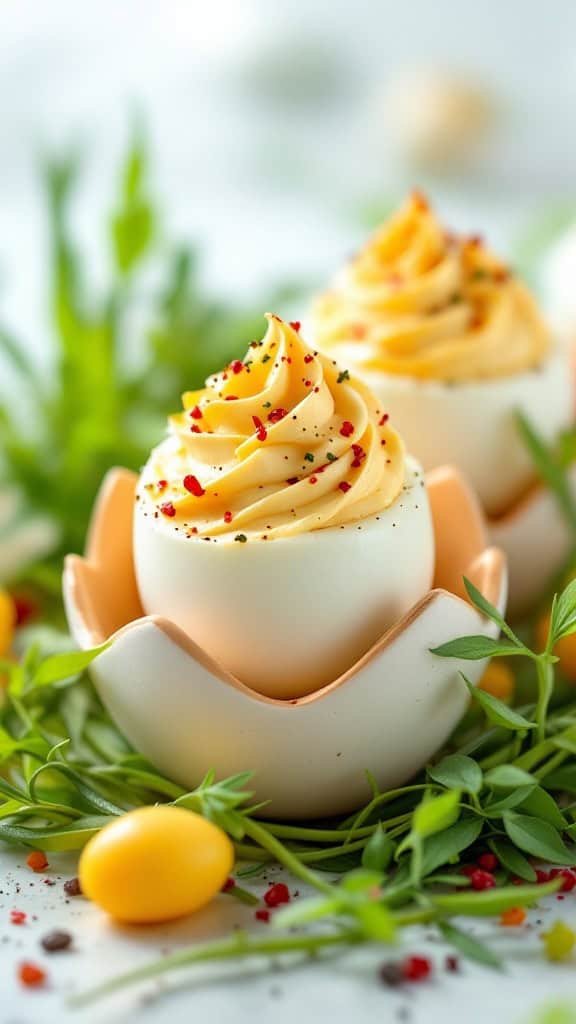 A close-up of decorated deviled eggs with a creamy filling, garnished with spices and herbs.