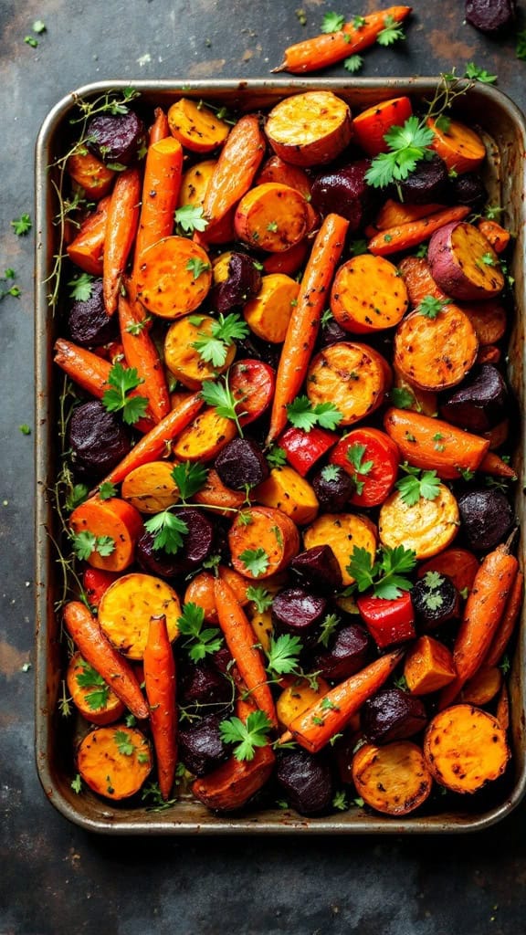A tray of roasted root vegetables including carrots, sweet potatoes, and beets garnished with herbs.