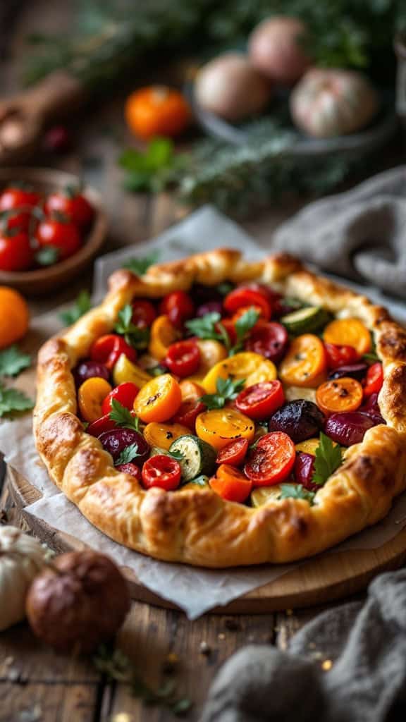 A roasted vegetable tart with vibrant tomatoes and zucchini on a wooden board.