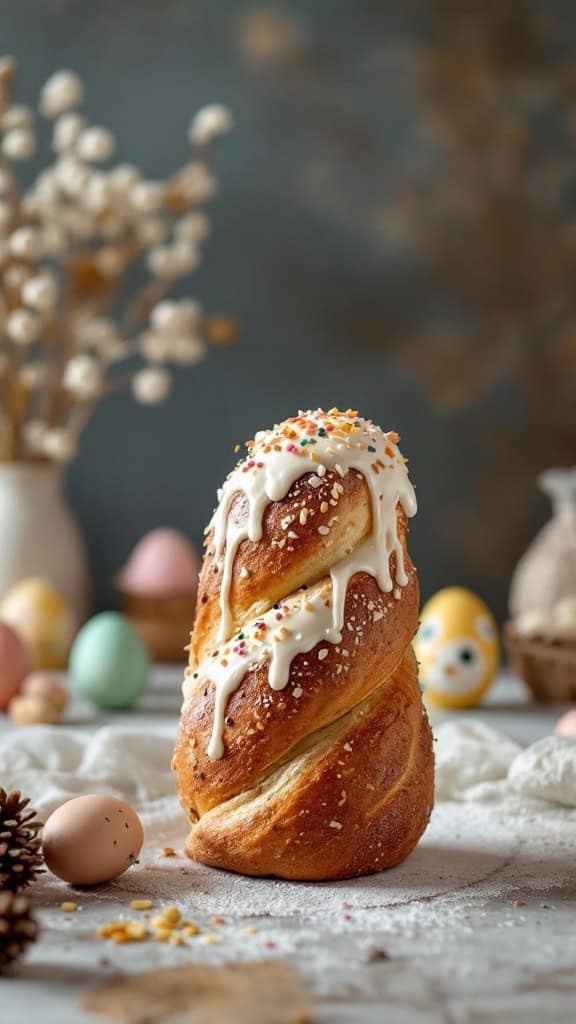 A tall, spiraled Russian Kulich topped with white frosting and colorful sprinkles, surrounded by decorative Easter eggs.