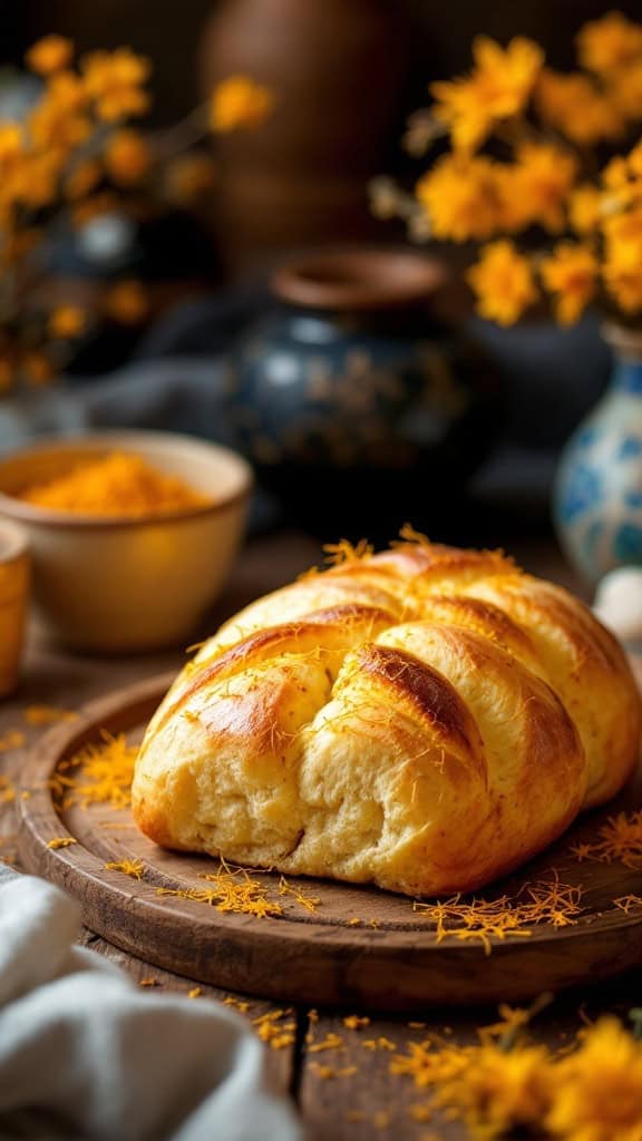 A beautifully braided saffron infused Greek Easter loaf on a wooden platter, surrounded by yellow flowers and saffron strands.