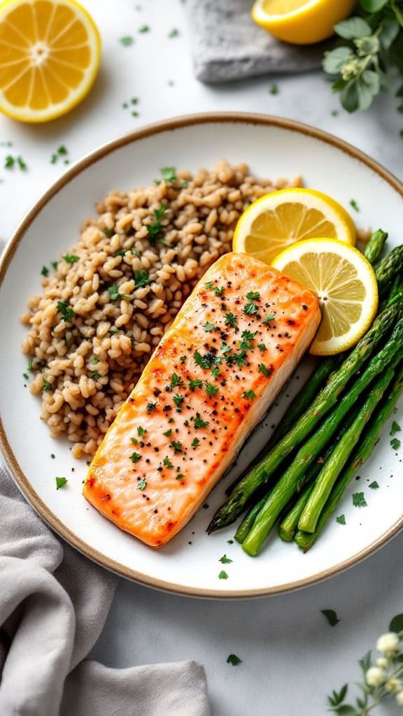 Plate of salmon, asparagus, and brown rice with lemon slices