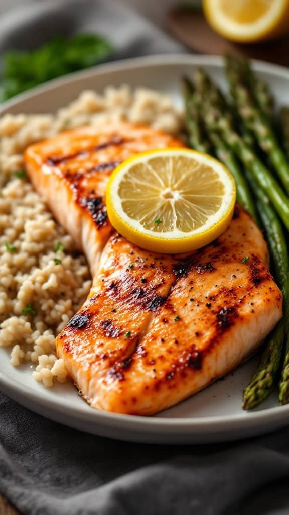 Plate of salmon with brown rice and asparagus garnished with lemon