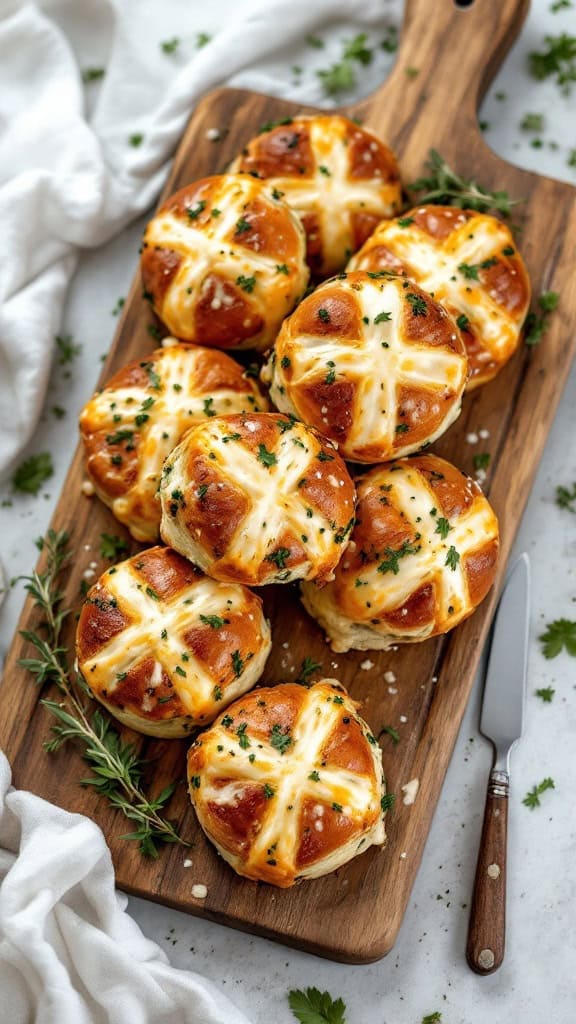 A wooden board topped with savory herb and cheese hot cross buns, garnished with fresh herbs.