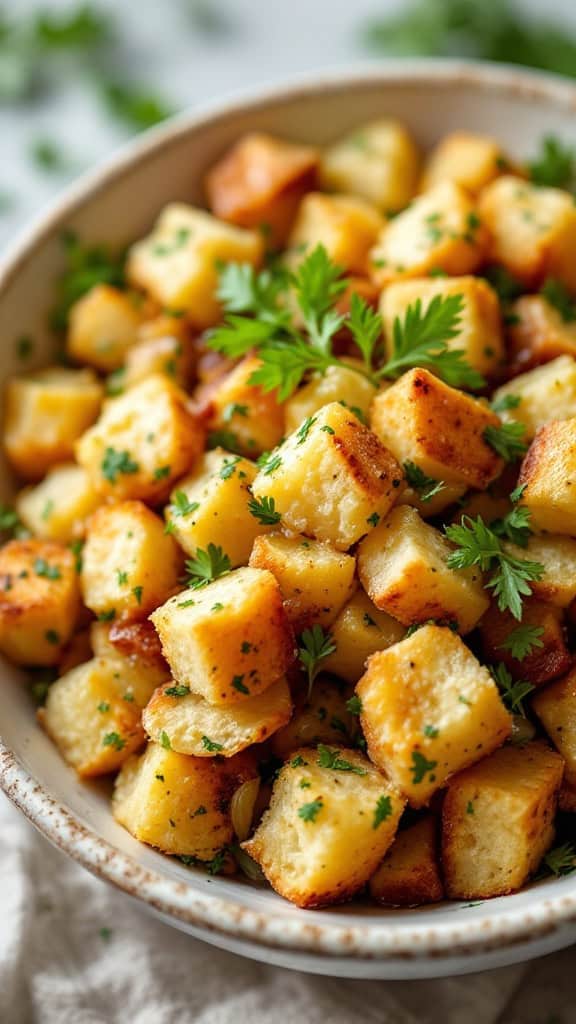 A bowl of golden-brown cubed stuffing garnished with fresh herbs