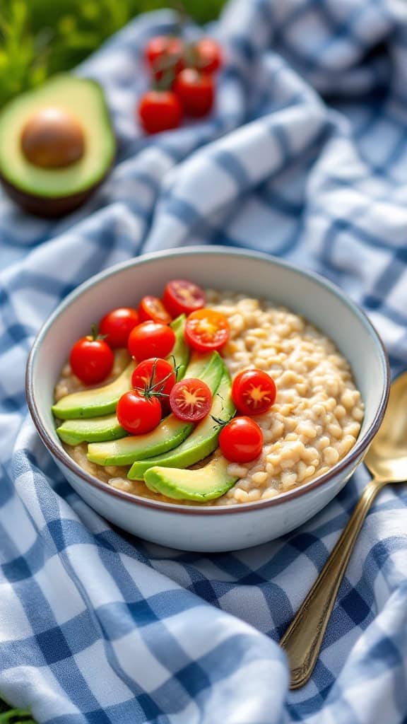A bowl of savory overnight oats topped with avocado and cherry tomatoes on a picnic blanket.