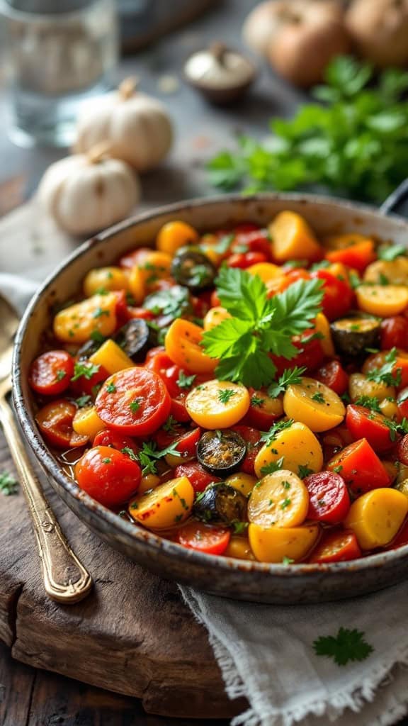 A colorful dish of ratatouille with potatoes, tomatoes, and fresh herbs in a cast-iron pot.