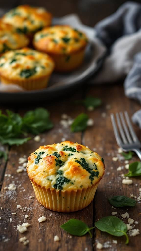 Savory spinach and cheese muffins on a wooden table.