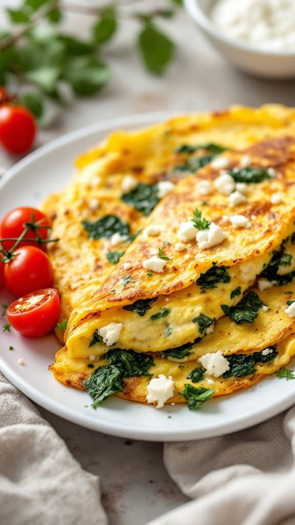 A delicious spinach and feta omelette served with cherry tomatoes on a plate