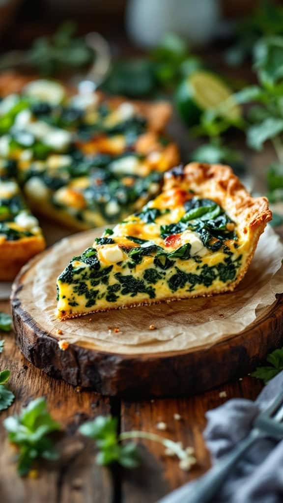 Slice of spinach and feta quiche on a wooden board with herbs around it.