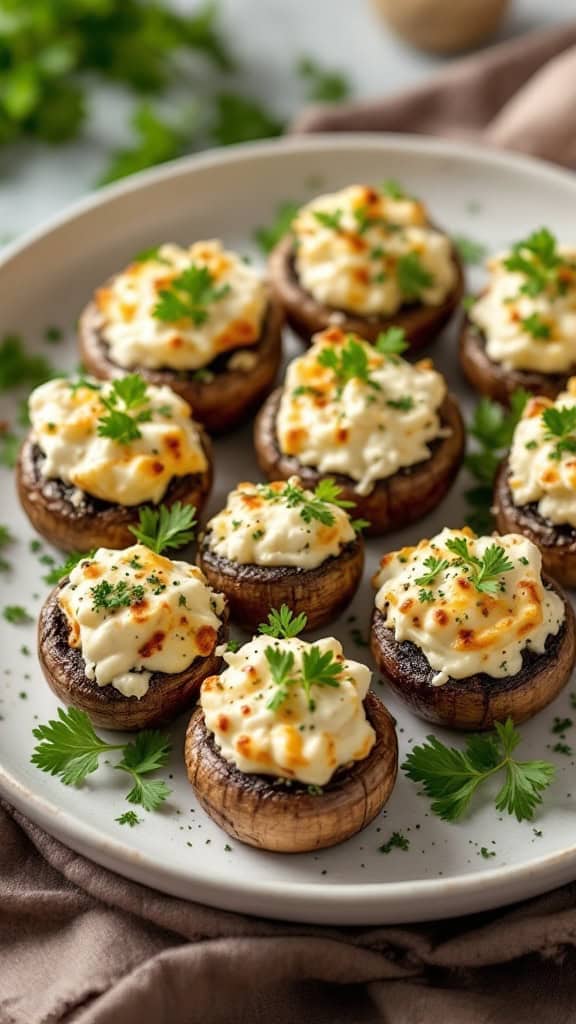 A plate of savory stuffed mushrooms, topped with creamy filling and garnished with parsley.