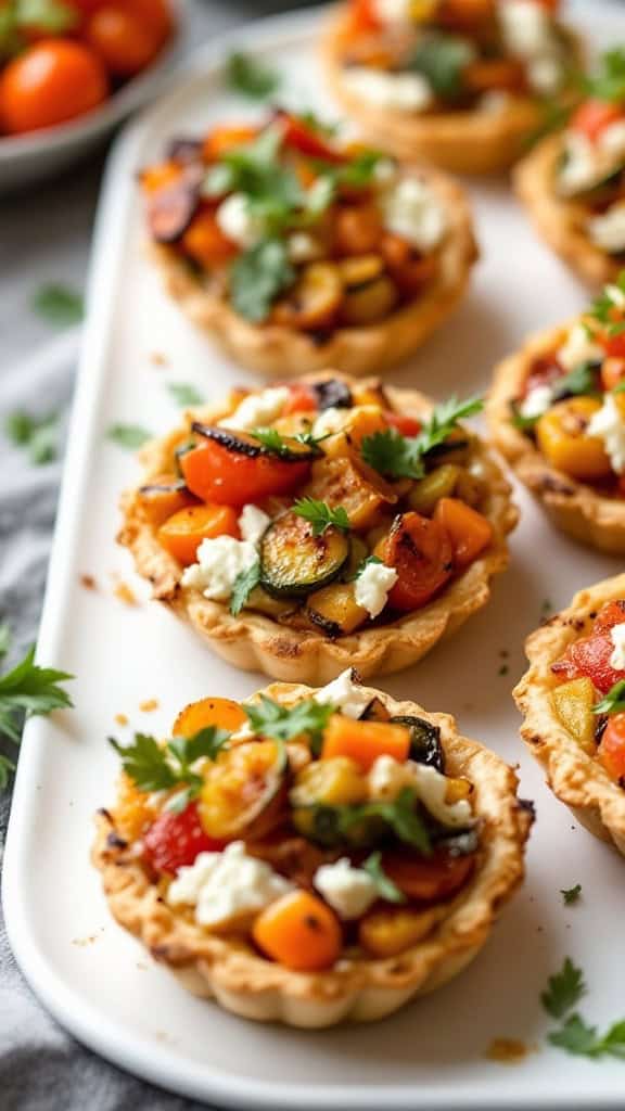 Savory tartlets with goat cheese and roasted vegetables on a plate.