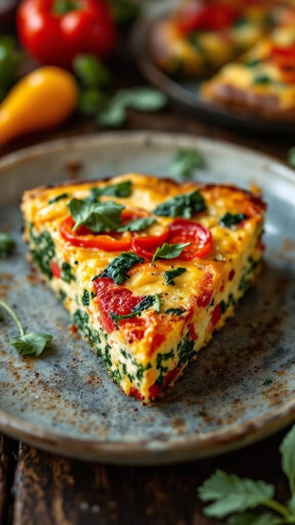 A slice of savory vegetable frittata with spinach, red peppers, and herbs on a plate.