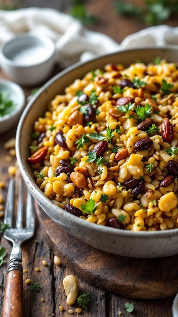 A bowl of savory wild rice stuffing with nuts and herbs on a wooden table.