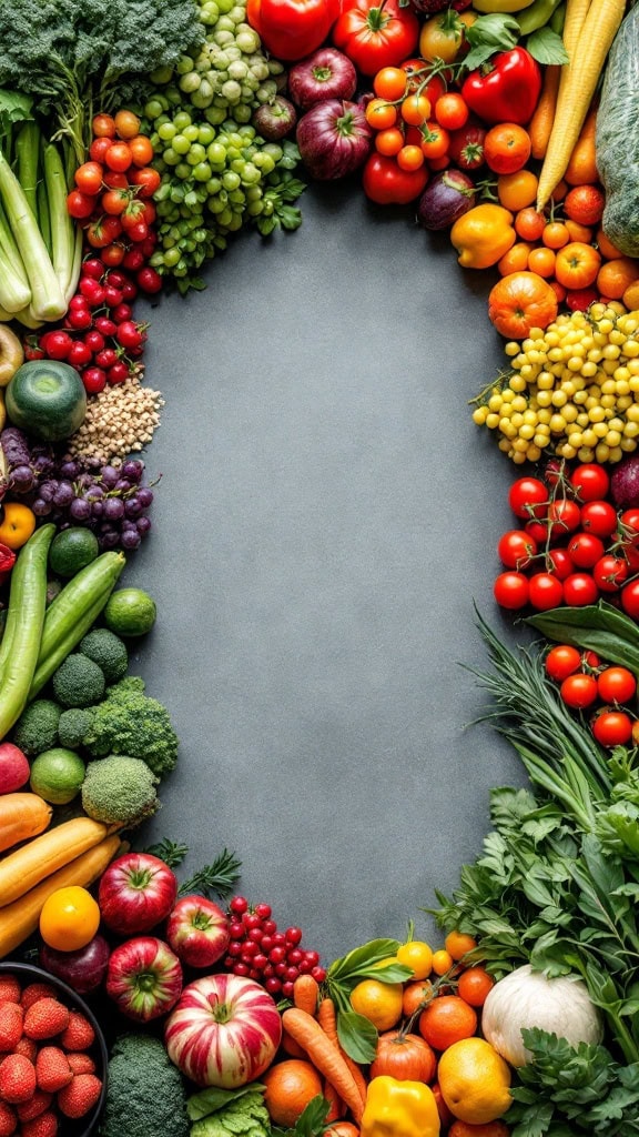 A colorful assortment of fresh fruits and vegetables arranged around a gray background