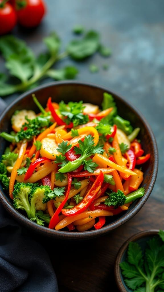 A colorful bowl of seasonal vegetable stir-fry with bell peppers, broccoli, and herbs.