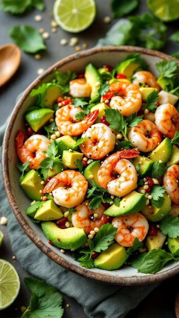 A colorful shrimp and avocado salad in a bowl, garnished with cilantro and lime.
