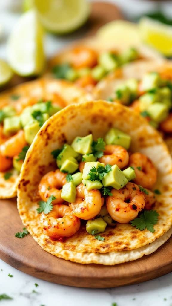 Shrimp tacos topped with avocado salsa on a wooden plate