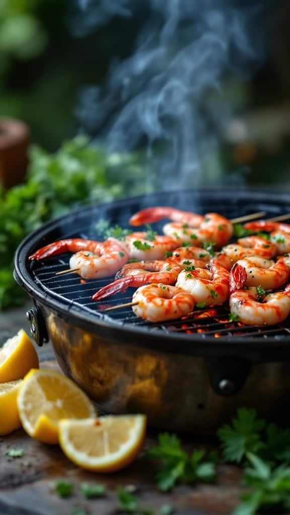 Grilled shrimp skewers with lemon slices and herbs.
