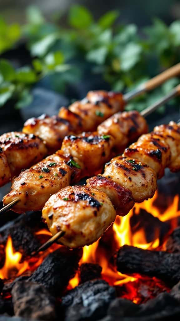 Skewered marinated chicken cooking over a campfire.