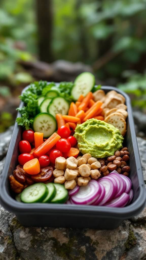 A variety of sliced veggies including cucumbers, carrots, and tomatoes, served with guacamole dip in a portable container.