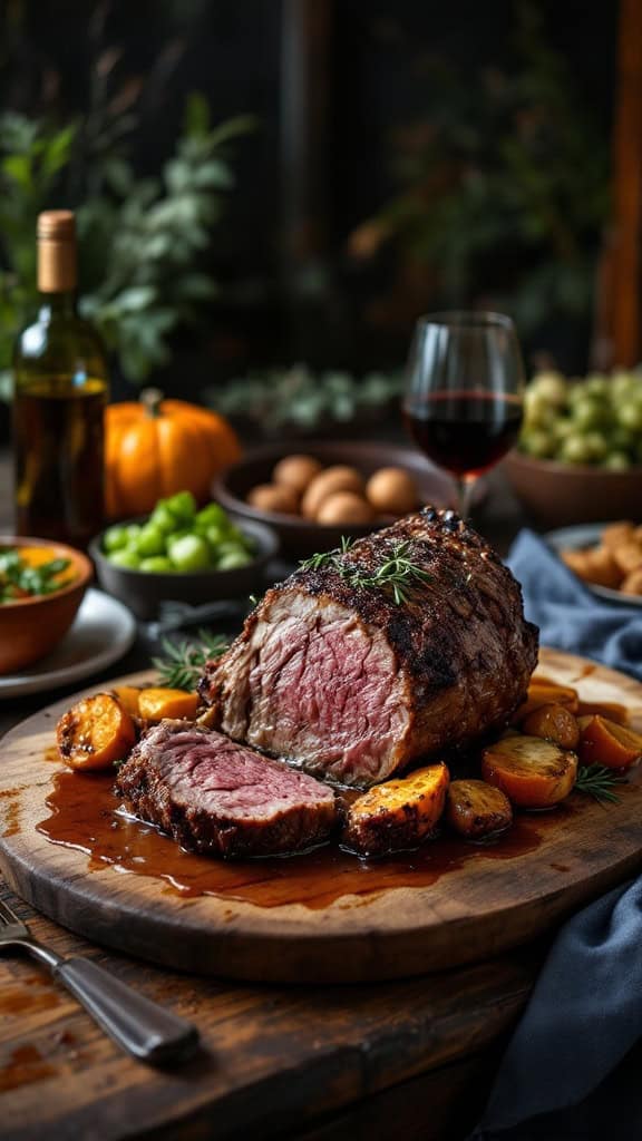 A beautifully slow-roasted leg of lamb served with roasted potatoes and garnished with herbs.