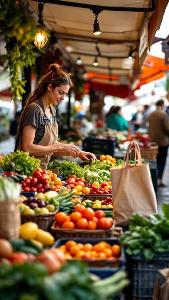 A woman shopping for fresh produce at a market, surrounded by vibrant fruits and vegetables.