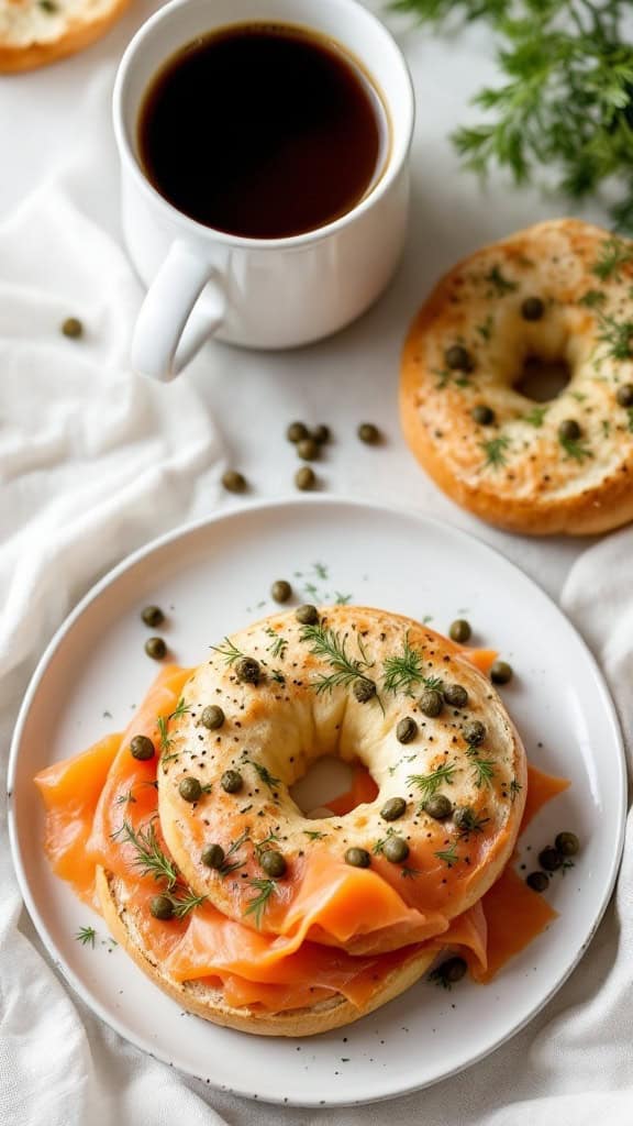 A plate of smoked salmon bagels topped with capers and dill, next to a cup of coffee.