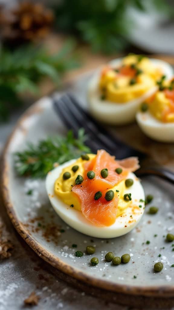 A close-up of smoked salmon deviled eggs garnished with capers on a plate.