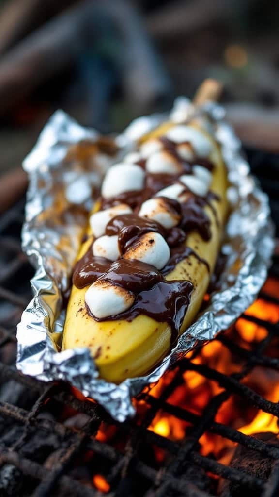 S'mores banana boats wrapped in foil, with chocolate and marshmallows, placed over a campfire.
