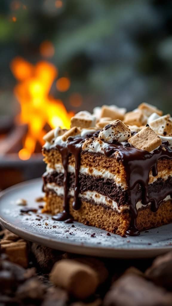 A delicious S'mores Cake topped with marshmallows and chocolate, set against a warm fire background.
