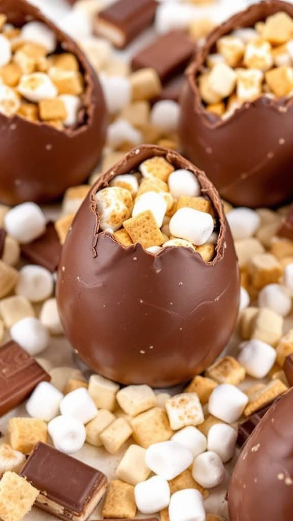 Chocolate eggs with s'mores filling, surrounded by graham crackers and marshmallows.