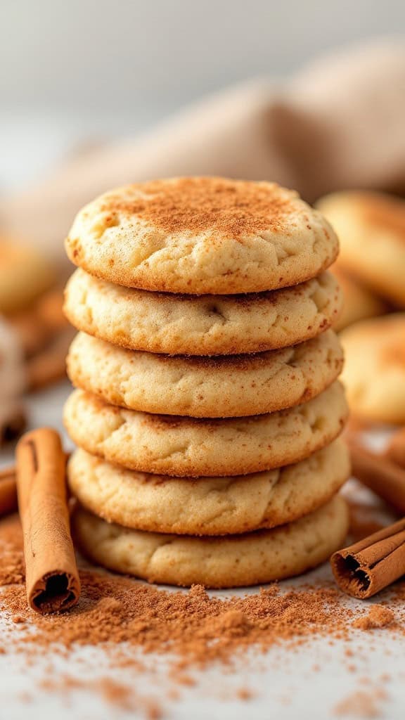 A stack of freshly baked snickerdoodle cookies with cinnamon sticks.