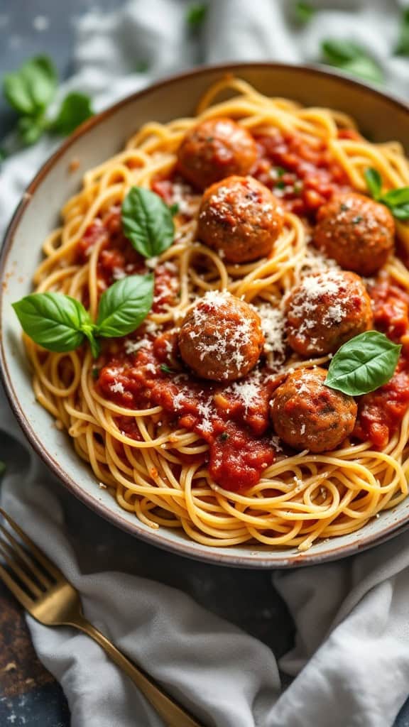 A bowl of spaghetti topped with meatballs and marinara sauce, garnished with basil and cheese.