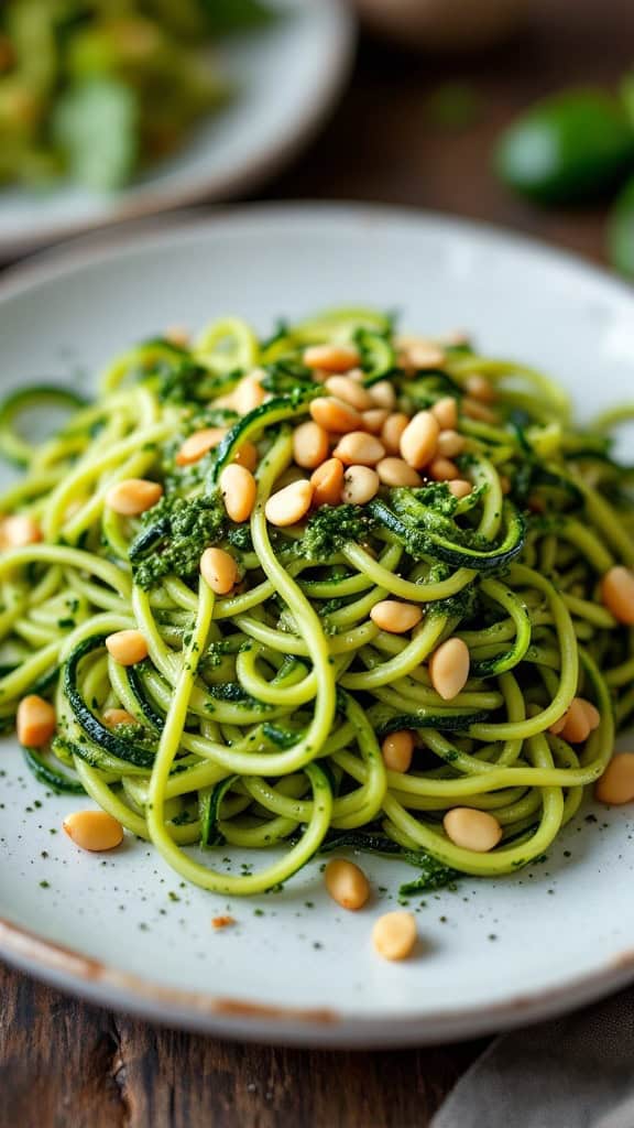 A plate of spaghetti with pesto sauce and zucchini, topped with pine nuts.
