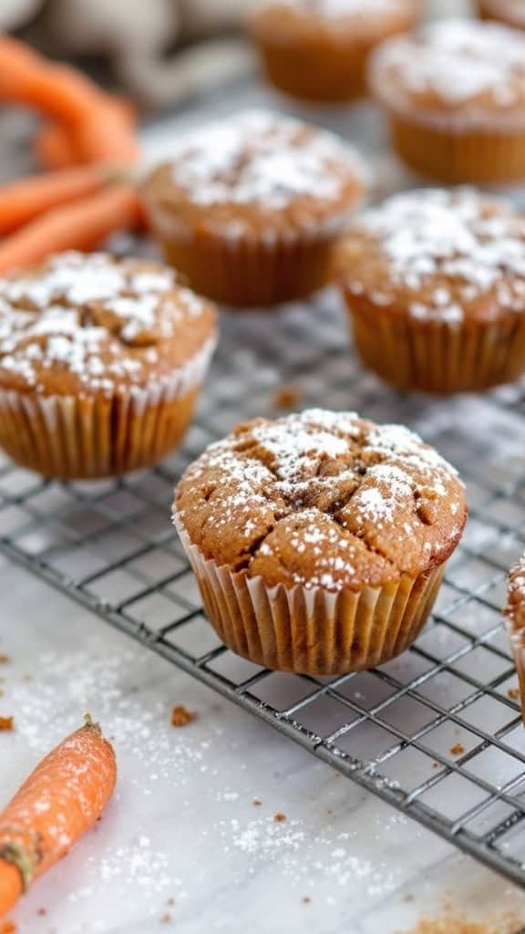 Freshly baked spiced carrot cake muffins dusted with powdered sugar on a cooling rack, with carrots in the foreground.