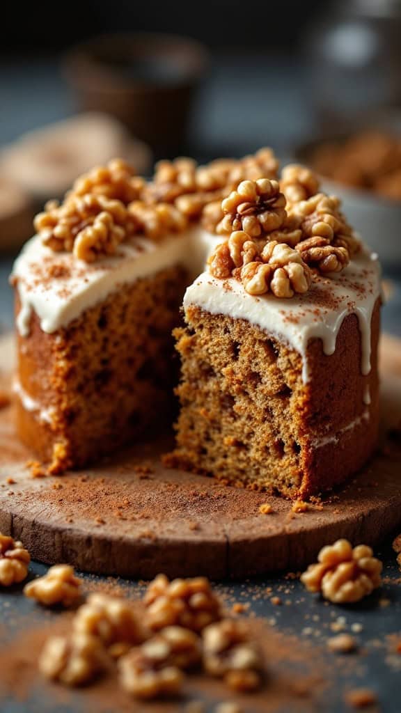 A sliced spiced carrot cake topped with walnuts and cream cheese frosting on a wooden board.