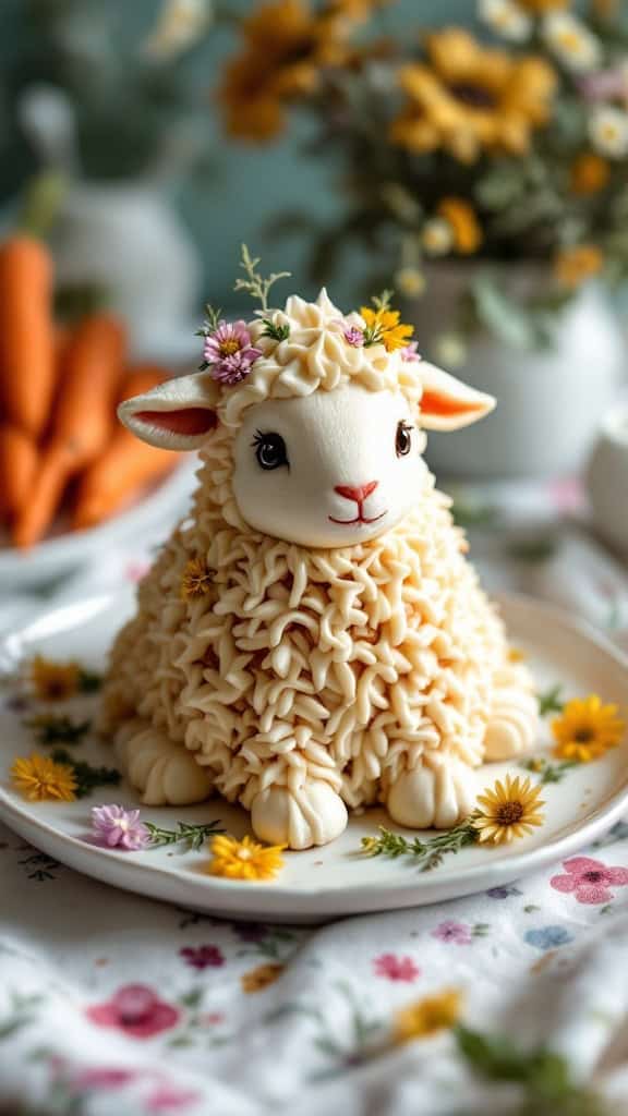 A beautifully decorated spiced carrot lamb cake, topped with cream cheese icing and flowers, on a floral plate.