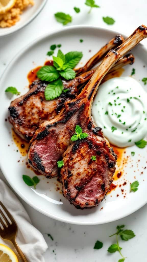 Grilled spiced lamb chops served with mint yogurt on a plate