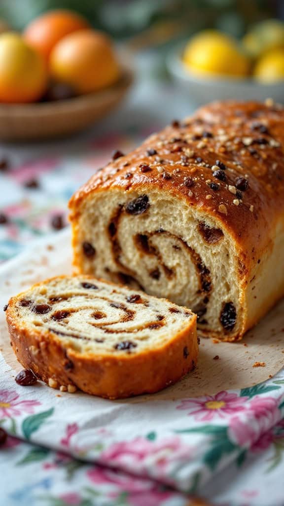 A sliced Easter bun with raisins and a swirl pattern, placed on a floral cloth with citrus fruits in the background.