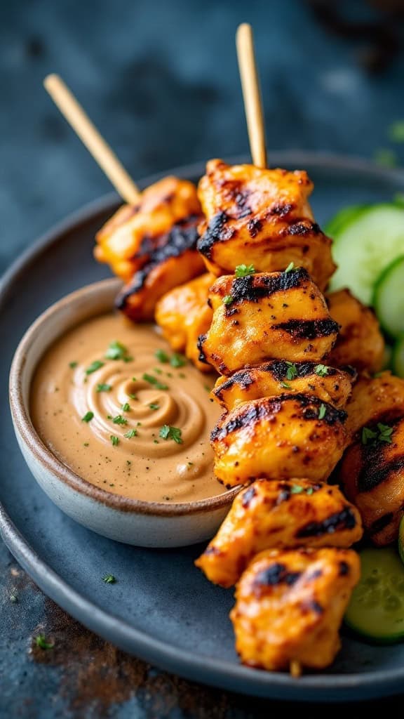 A plate of grilled chicken skewers with a bowl of peanut sauce and cucumber slices.