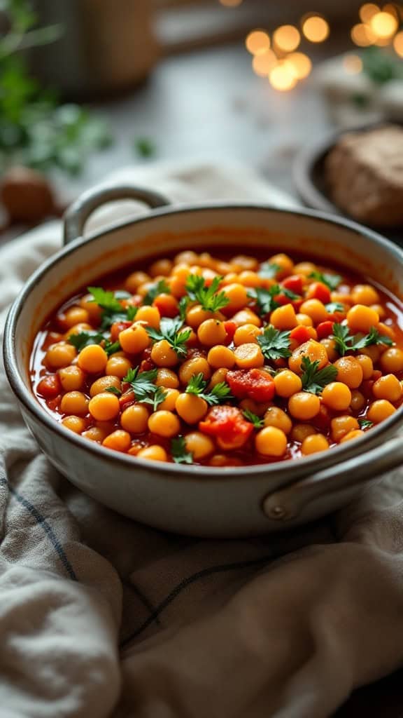 A bowl of Spicy Chickpea and Tomato Stew filled with chickpeas and tomatoes, garnished with fresh herbs.