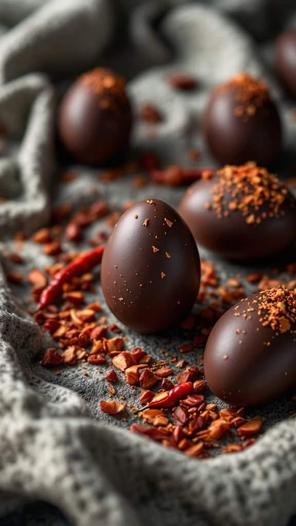 Chocolate eggs sprinkled with chili flakes on a textured surface.